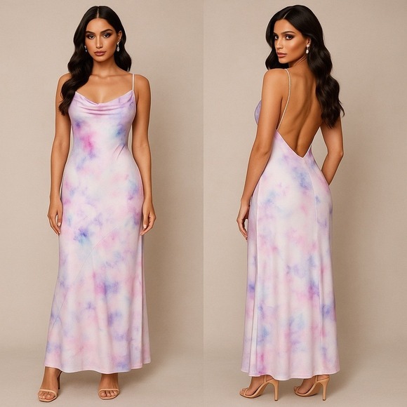 Aidan Mattox Water Color Bias Gown Maxi Dress Womens 2 Prom Formal Whimsical 90s